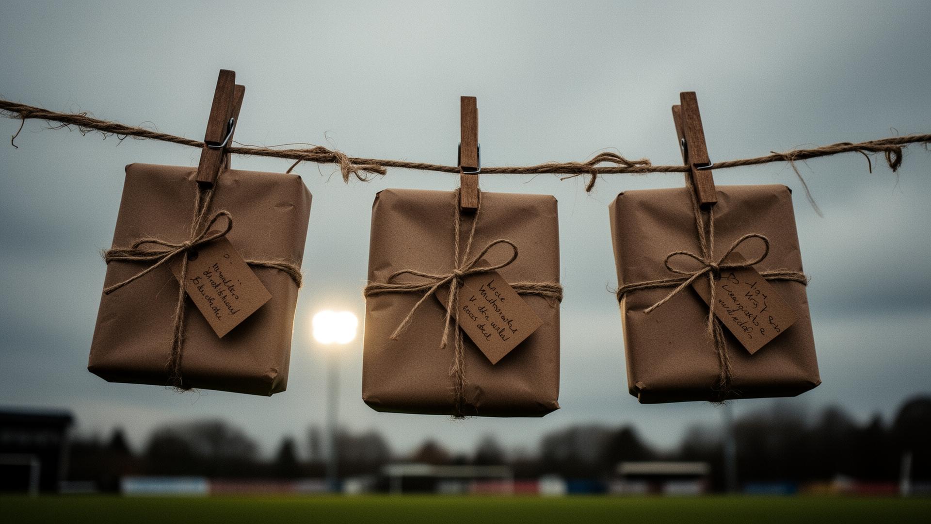Three mystery non-league football shirt parcels wrapped in brown paper and twine, hanging from clothes pegs on a washing line against a moody English sky with a distant floodlight