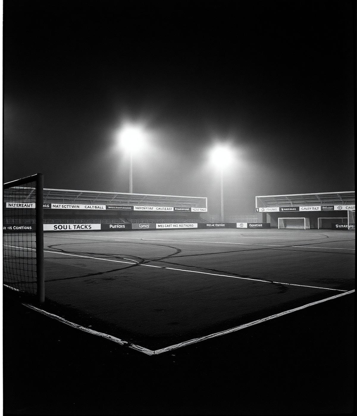Floodlit non-league pitch at night